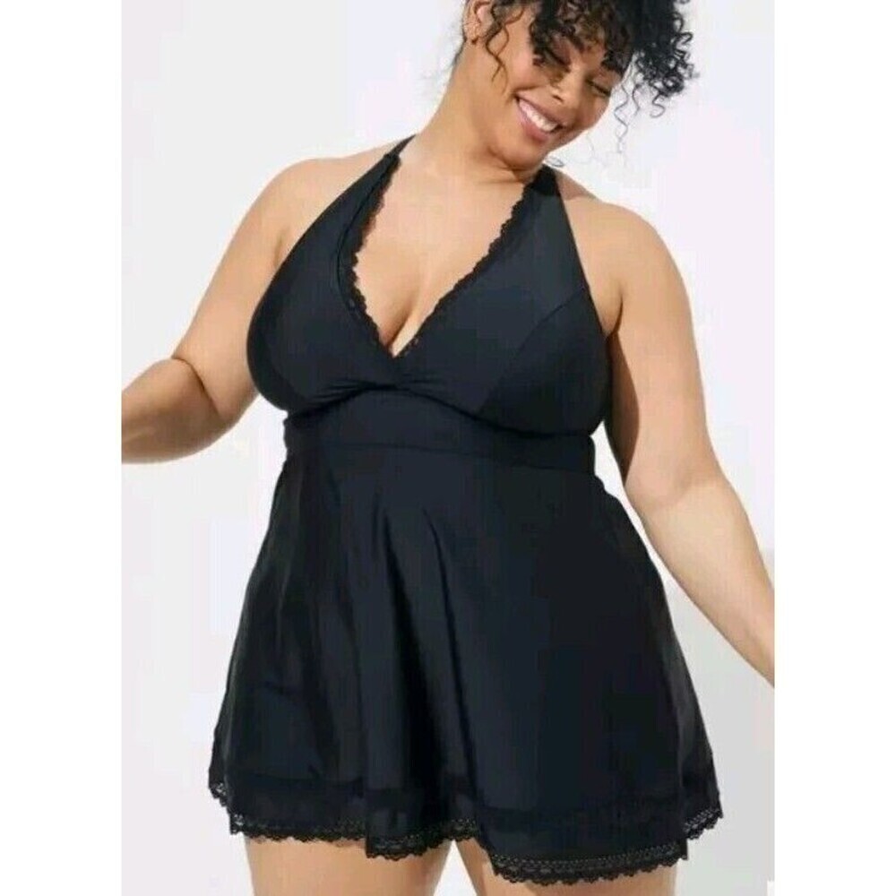 Black Halter Skirted Swimdress - 1X-3X